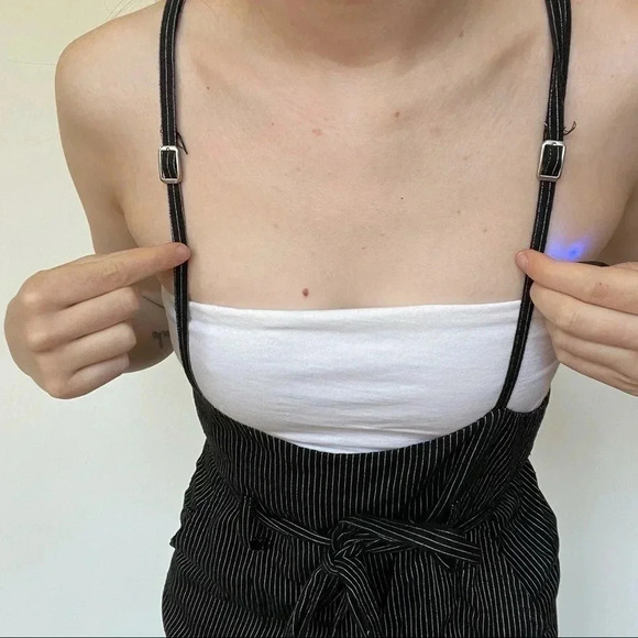 Pin Stripe Belted Cropped Overalls Black White Bow Spaghetti Strap Adjustable - Picture 4 of 11